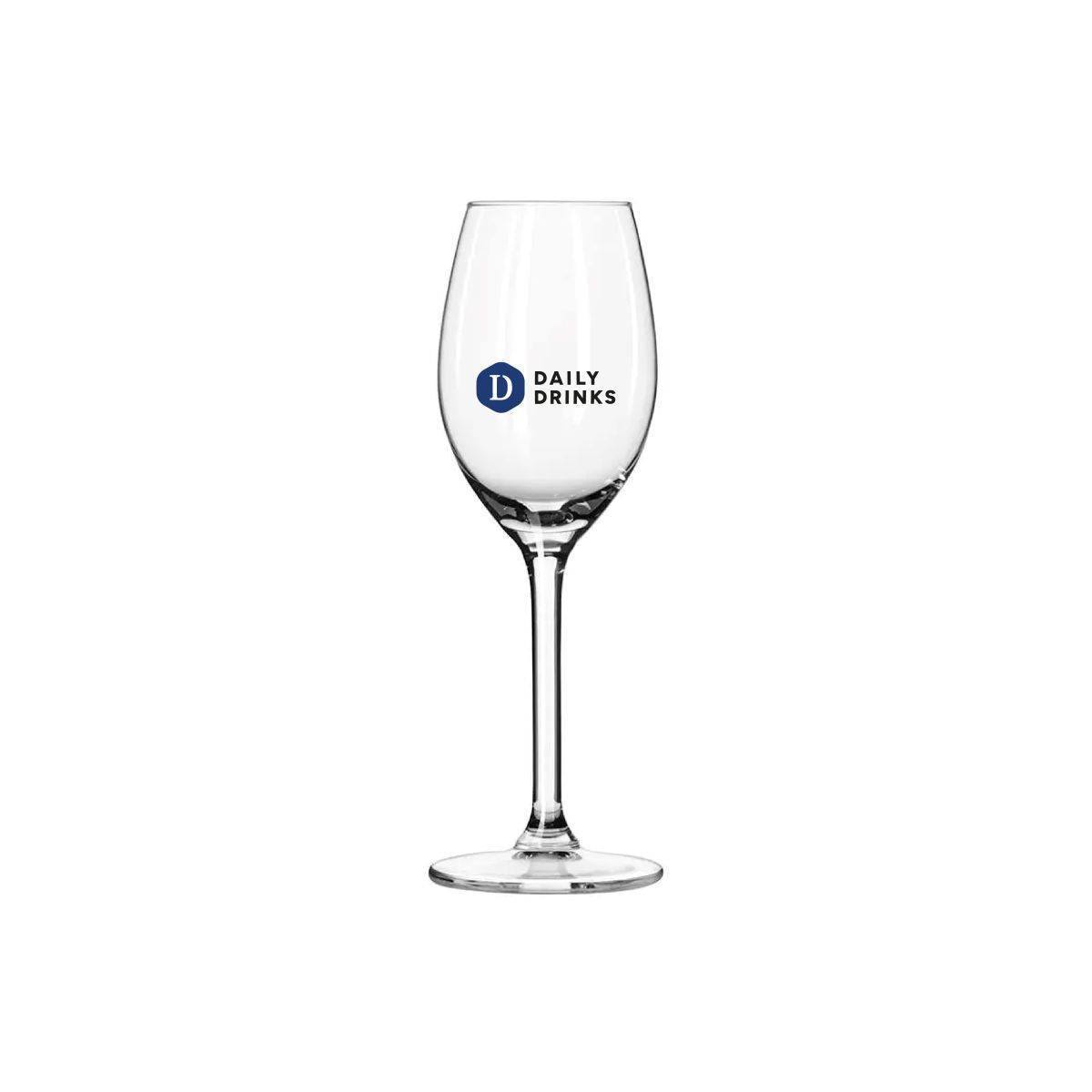 Das mehrfarbige DailyDrinks-Logo ist deutlich auf der Vorderseite des Esprit Portglas 14 cl.
