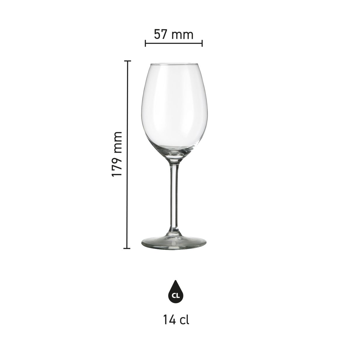 Die Infografik zeigt die genauen Abmessungen des Esprit Portglas 14 cl. in Millimetern.