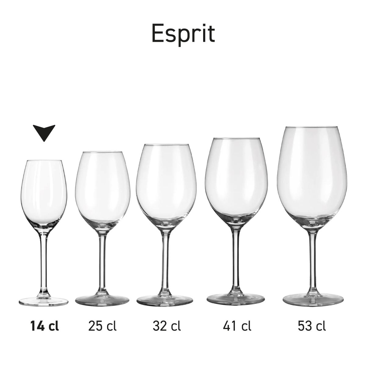 Serienansicht mit mehreren Varianten des Esprit Glases, die nebeneinander präsentiert werden.