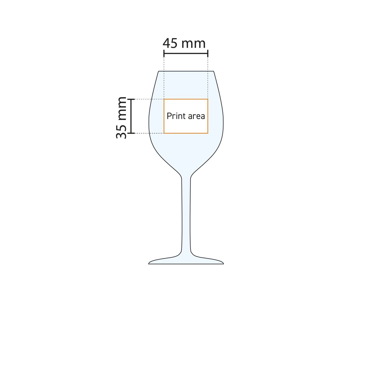 Technische Arbeitszeichnung der Druckfläche auf Esprit Weinglas 41 cl. im Glas.