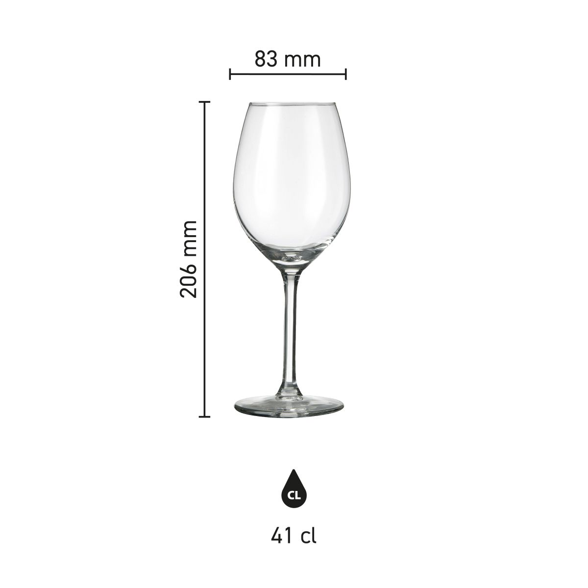 Infografik der Produktabmessungen für Esprit Weinglas 41 cl. im Glas.