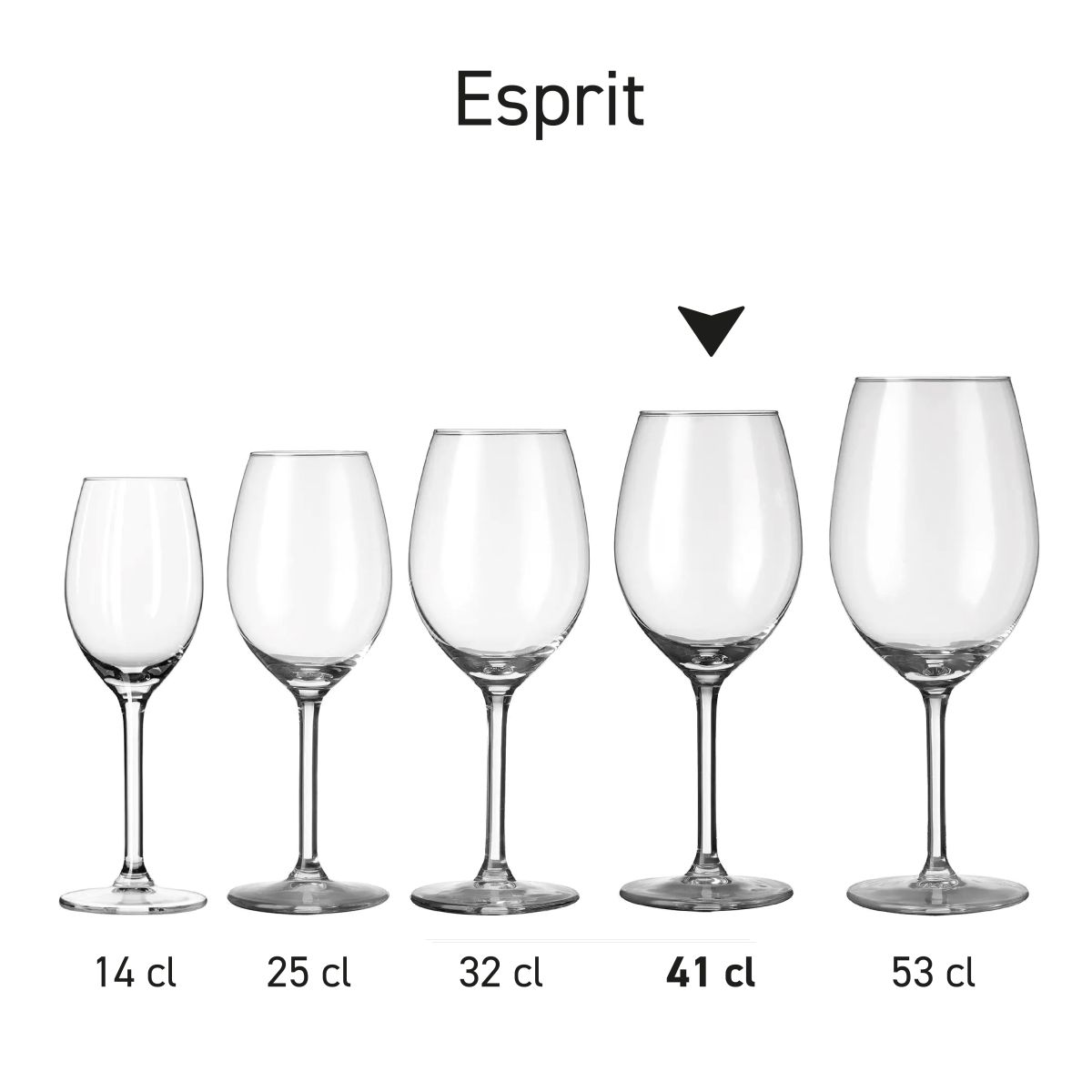 Reihe von Esprit Weingläsern aus derselben Serie, praktisch nebeneinander ausgestellt, mit Angabe des Fassungsvermögens.
