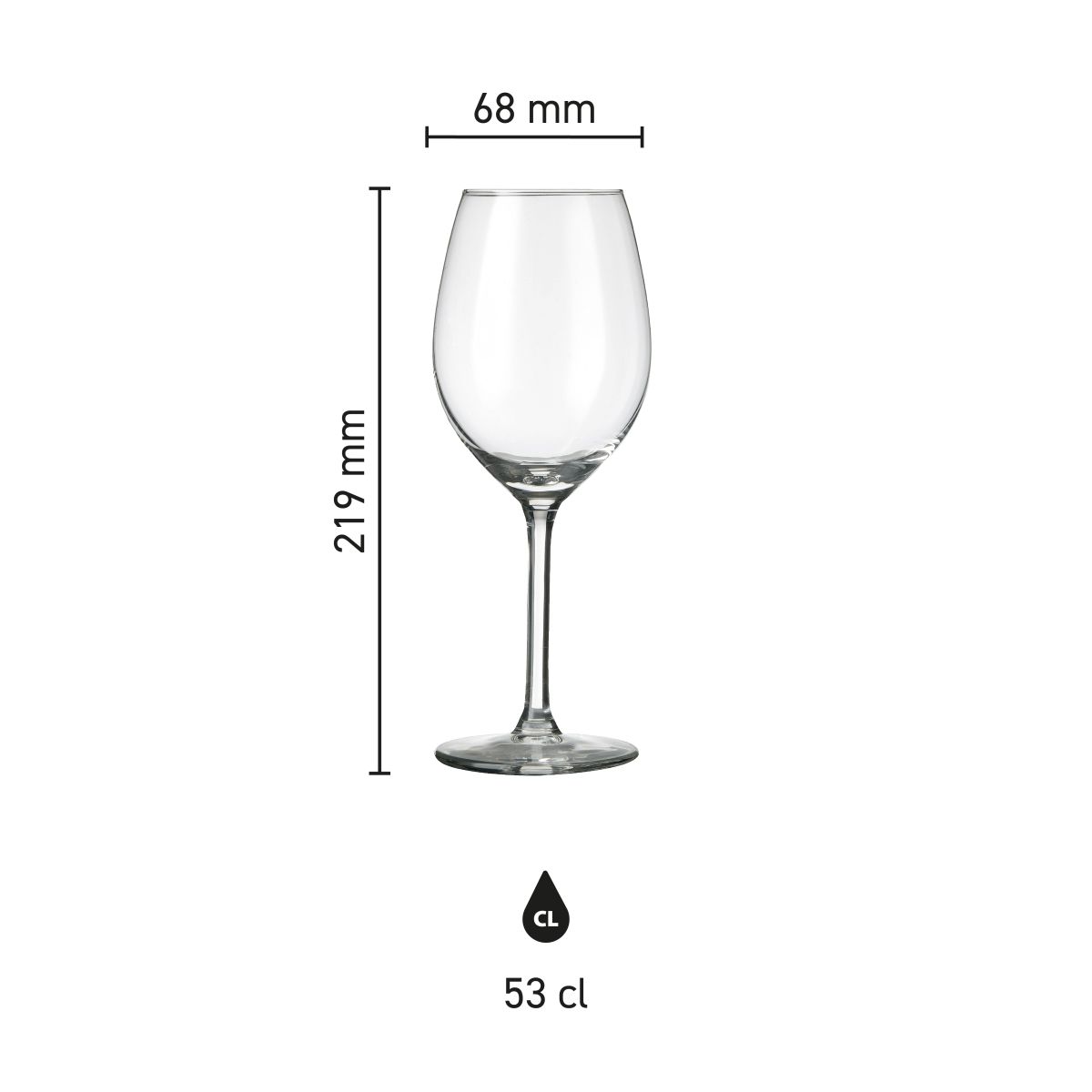 Infografik zeigt Höhe und Durchmesser des Esprit Weinglas 53 cl.