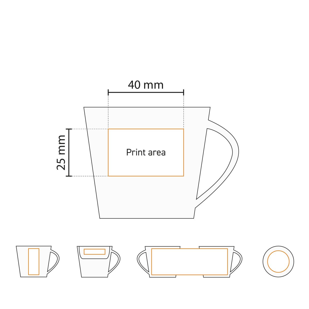 Technische Zeichnung mit Abmessungen der Eva Espressotasse weiß 10 cl. aus Porzellan.
