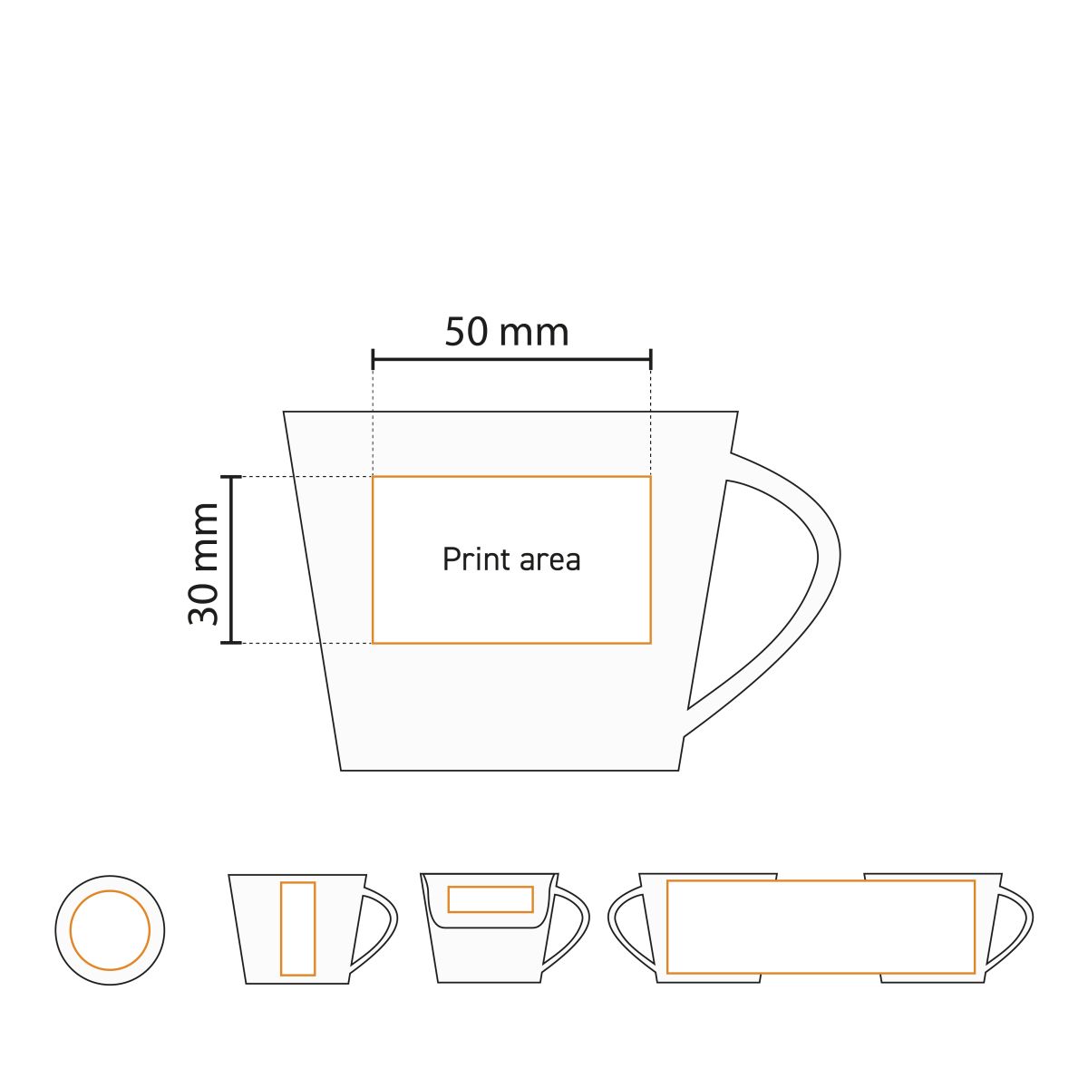 Technische Arbeitszeichnung mit Angabe der Druckfläche auf Eva Coffee 20 cl. SET Porzellan.