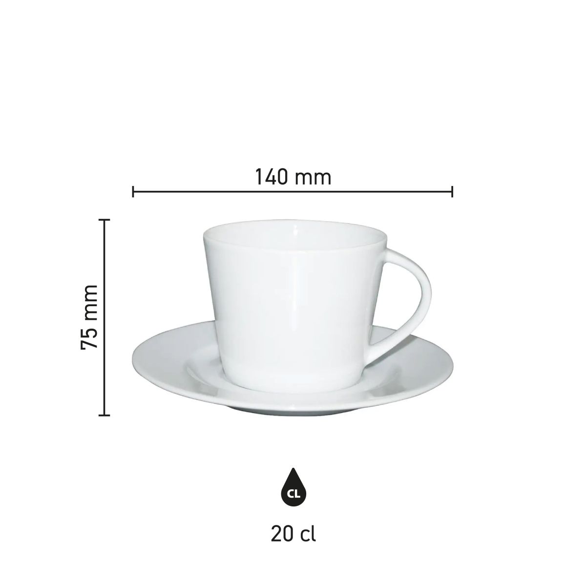 Die Infografik zeigt die Produktabmessungen des Eva Coffee SET 20 cl. in Porzellanausführung.