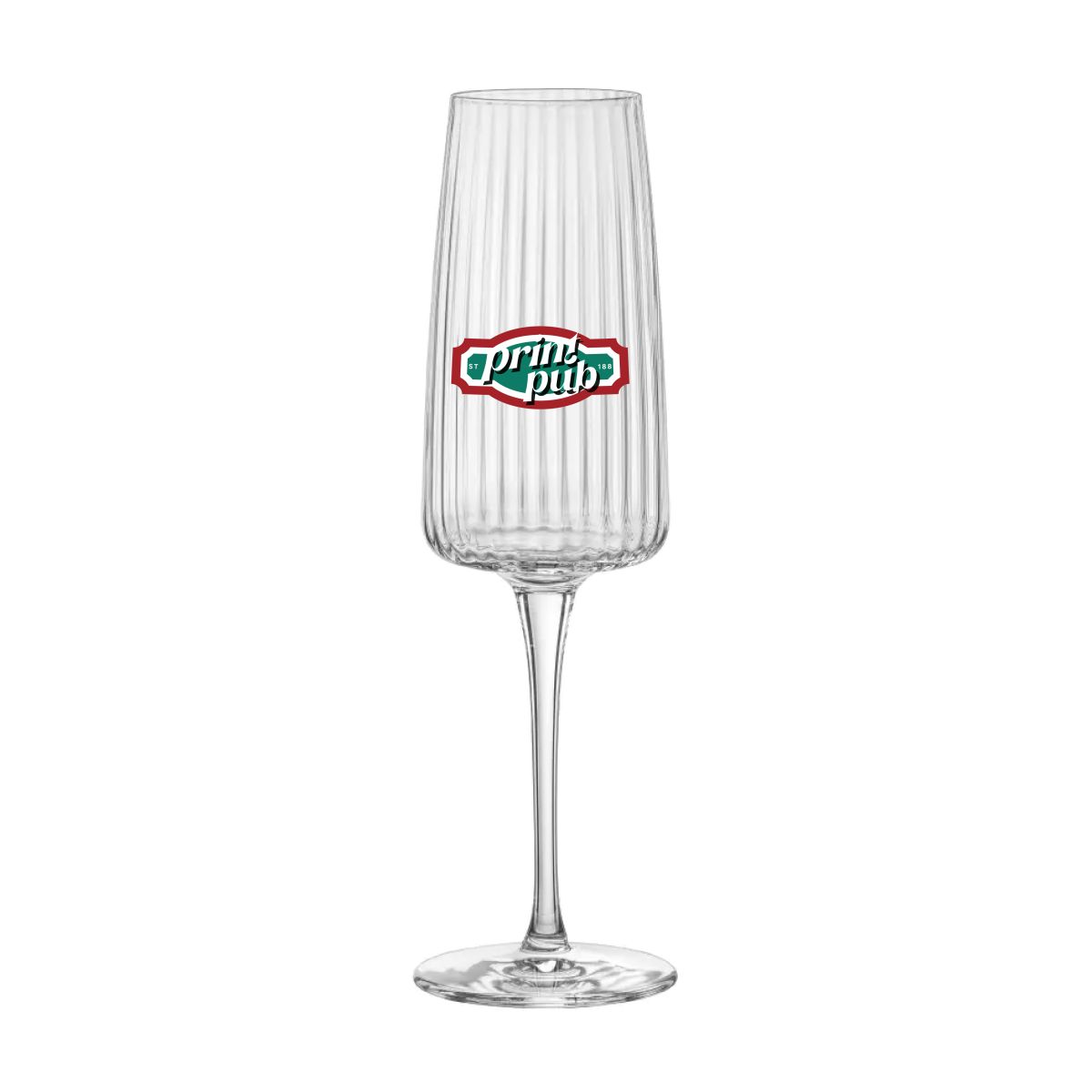 Mehrfarbiges PrintPub-Logo sichtbar auf der Vorderseite des Sektglases 25,5 cl.