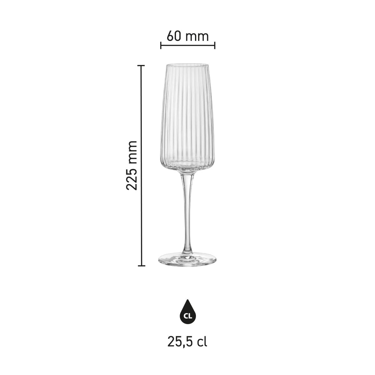Infografik mit den Produktabmessungen des Exclusiva Champagnerglases 25,5 cl.