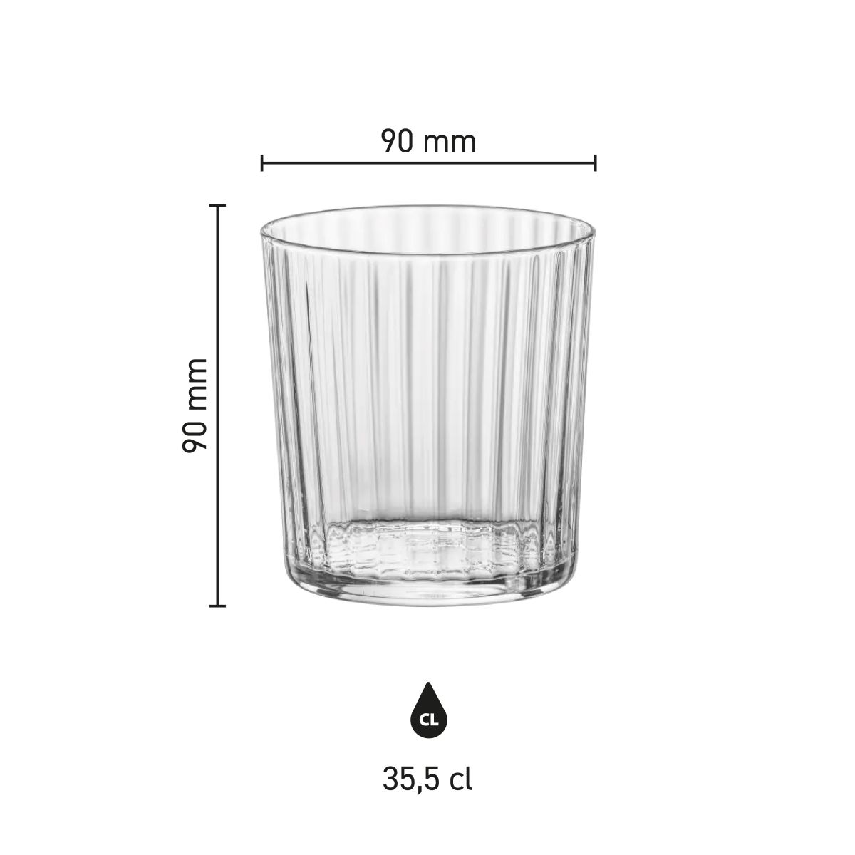 Die Infografik zeigt die Produktabmessungen des Exclusiva Tumbler Glas 35,5 cl.