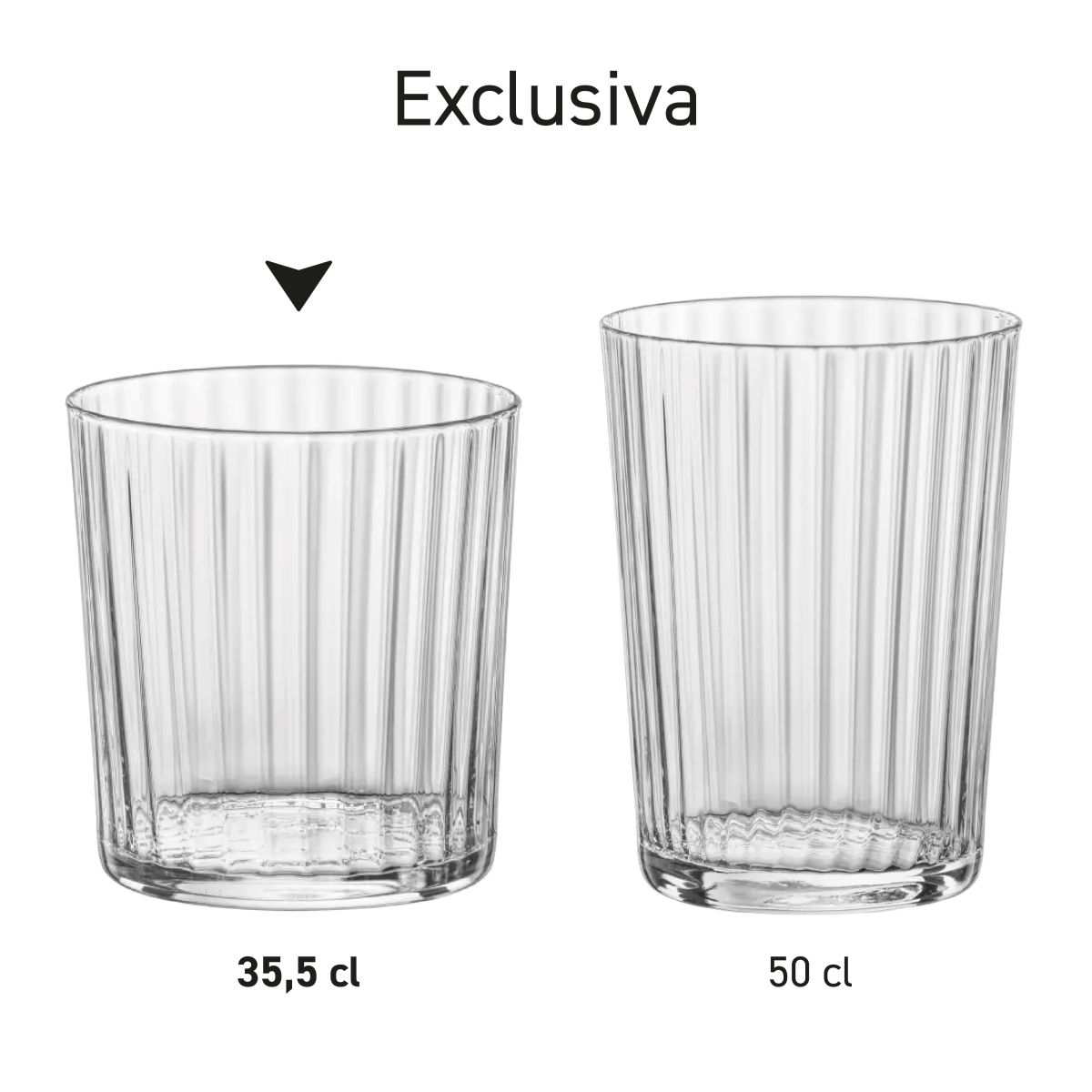 Serie Exclusiva Tumbler 35,5 cl. und 50 cl. nebeneinander in verschiedenen Anordnungen.
