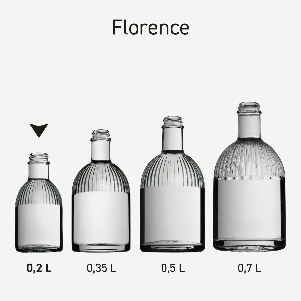 Flaschen Florence als Serie, mehrere Flaschen in einer Linie mit einheitlichem Design angeordnet.