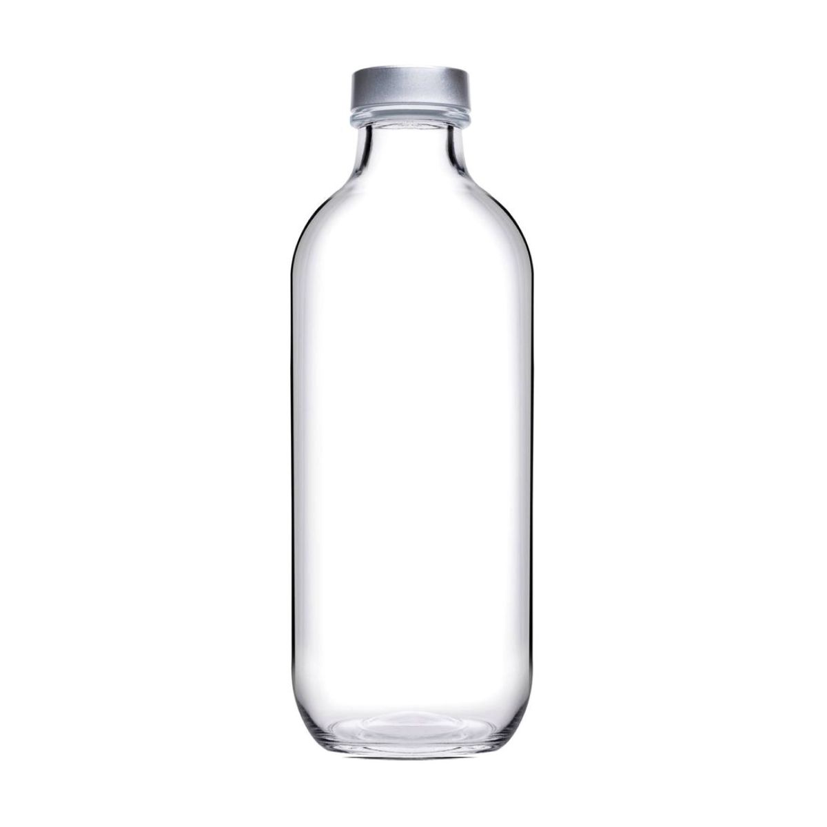 Glasflasche Iconic 0,54 Liter mit silbernem Verschluss, von vorne gesehen Glasflasche Iconic 0,54 Liter mit silbernem Verschluss, von vorne gesehen