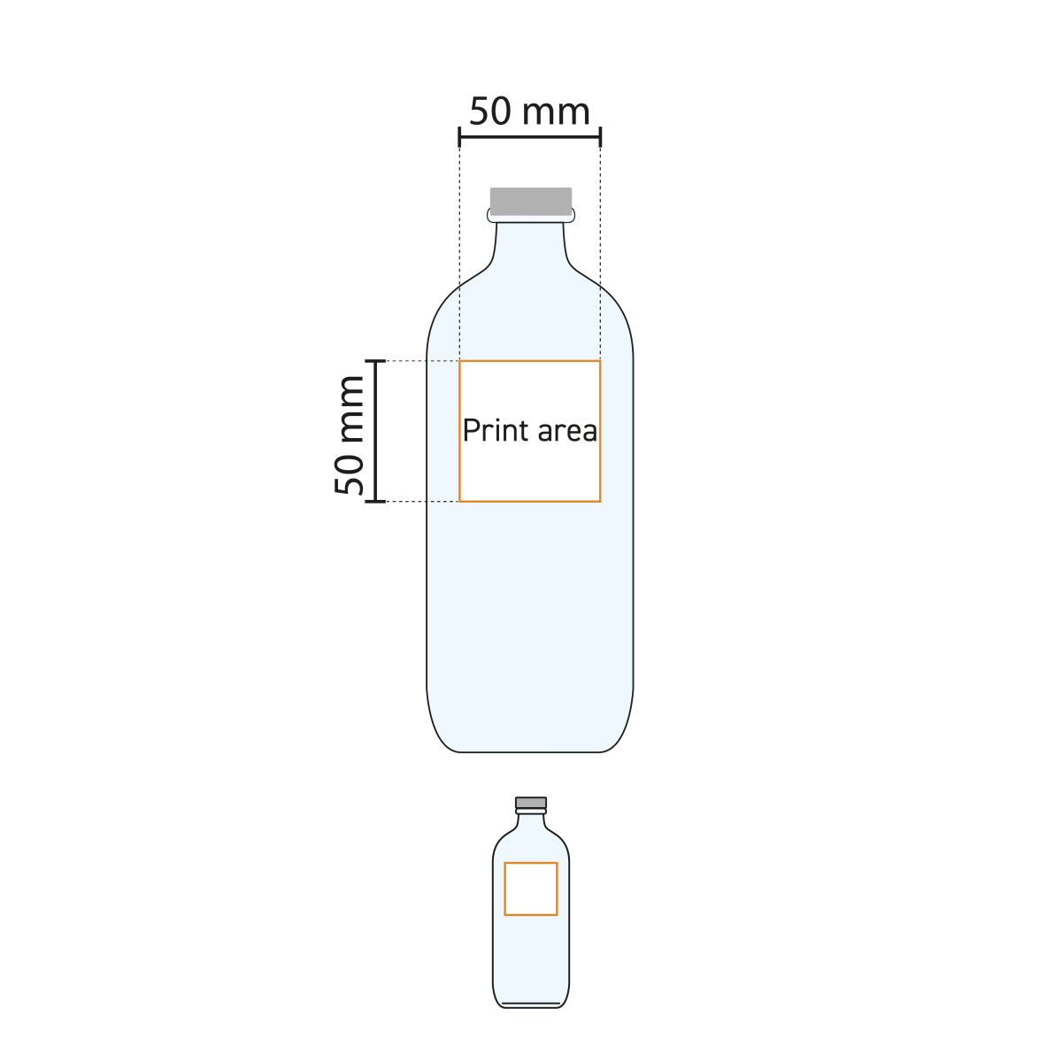 Technische Arbeitszeichnung des Druckbereichs auf der Iconic 1,1-Liter-Flasche mit Position und Abmessungen des Logos.