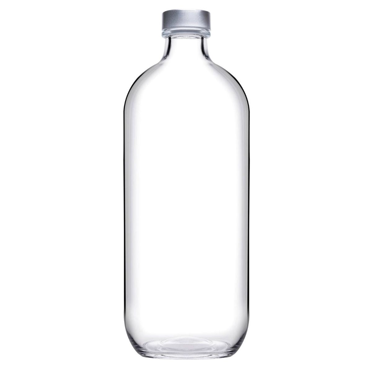 Gerade Vorderansicht der Flasche Iconic 1,1 Liter aus Klarglas mit zylindrischer Form und Metallkappe. Gerade Vorderansicht der Flasche Iconic 1,1 Liter aus Klarglas mit zylindrischer Form und Metallkappe.