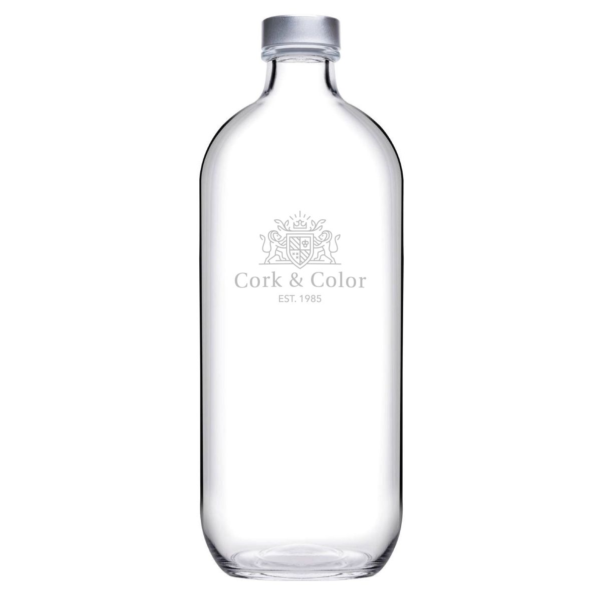 Eingraviertes CorkColor-Logo auf der Vorderseite der Flasche Iconic 1,1 Liter mit silbernem Verschluss.