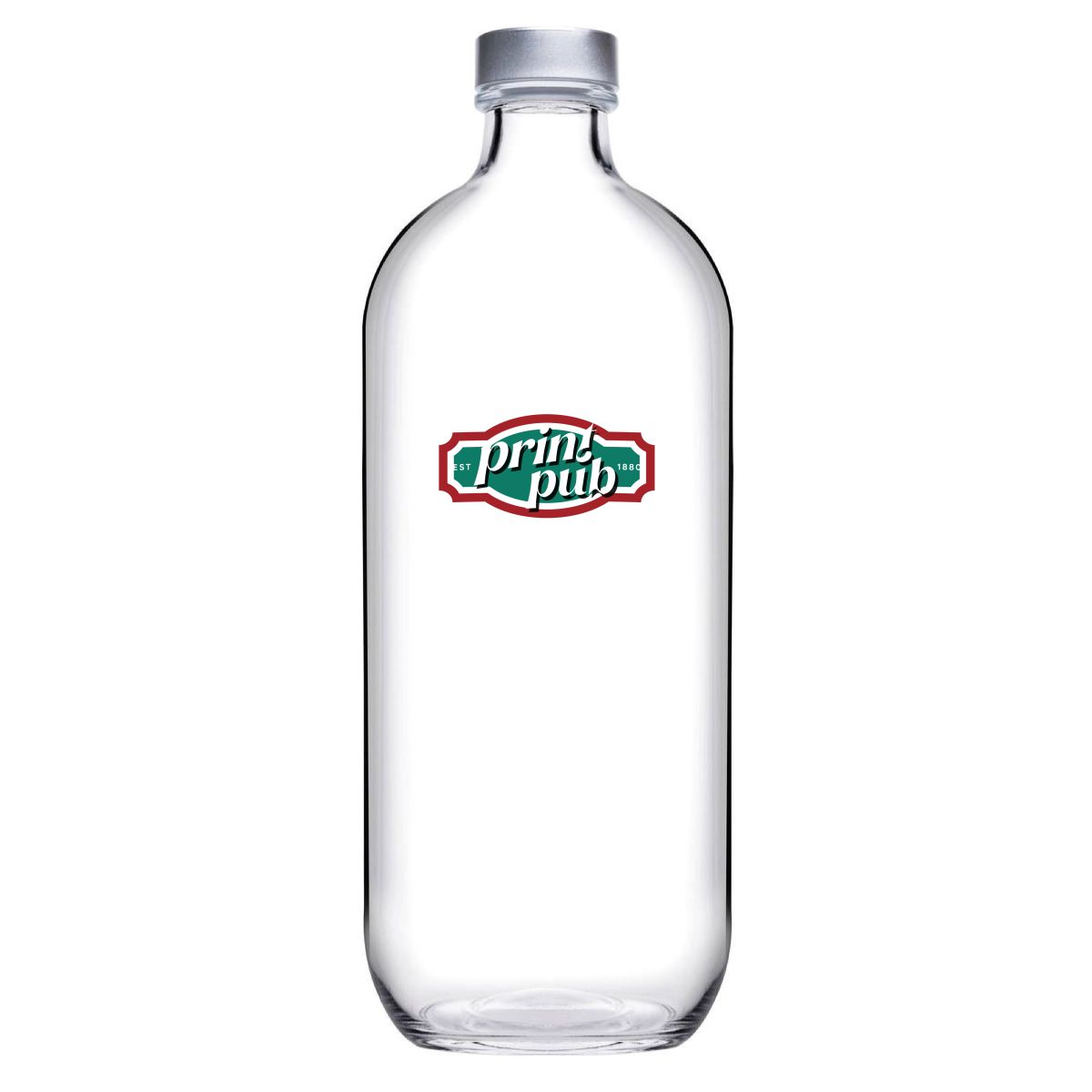 Vorderseite der Flasche Iconic 1,1 Liter mit mehrfarbigem PrintPub-Logo auf dem transparenten Glas.