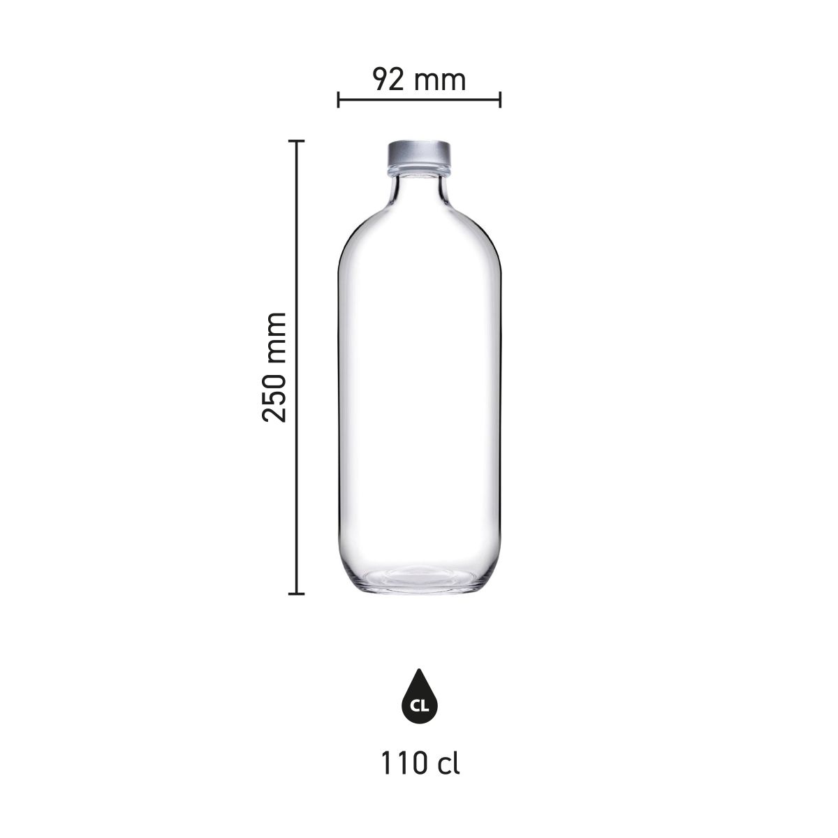 Die Infografik zeigt Höhe, Durchmesser und Fassungsvermögen der Iconic 1,1-Liter-Glasflasche mit Schraubverschluss.