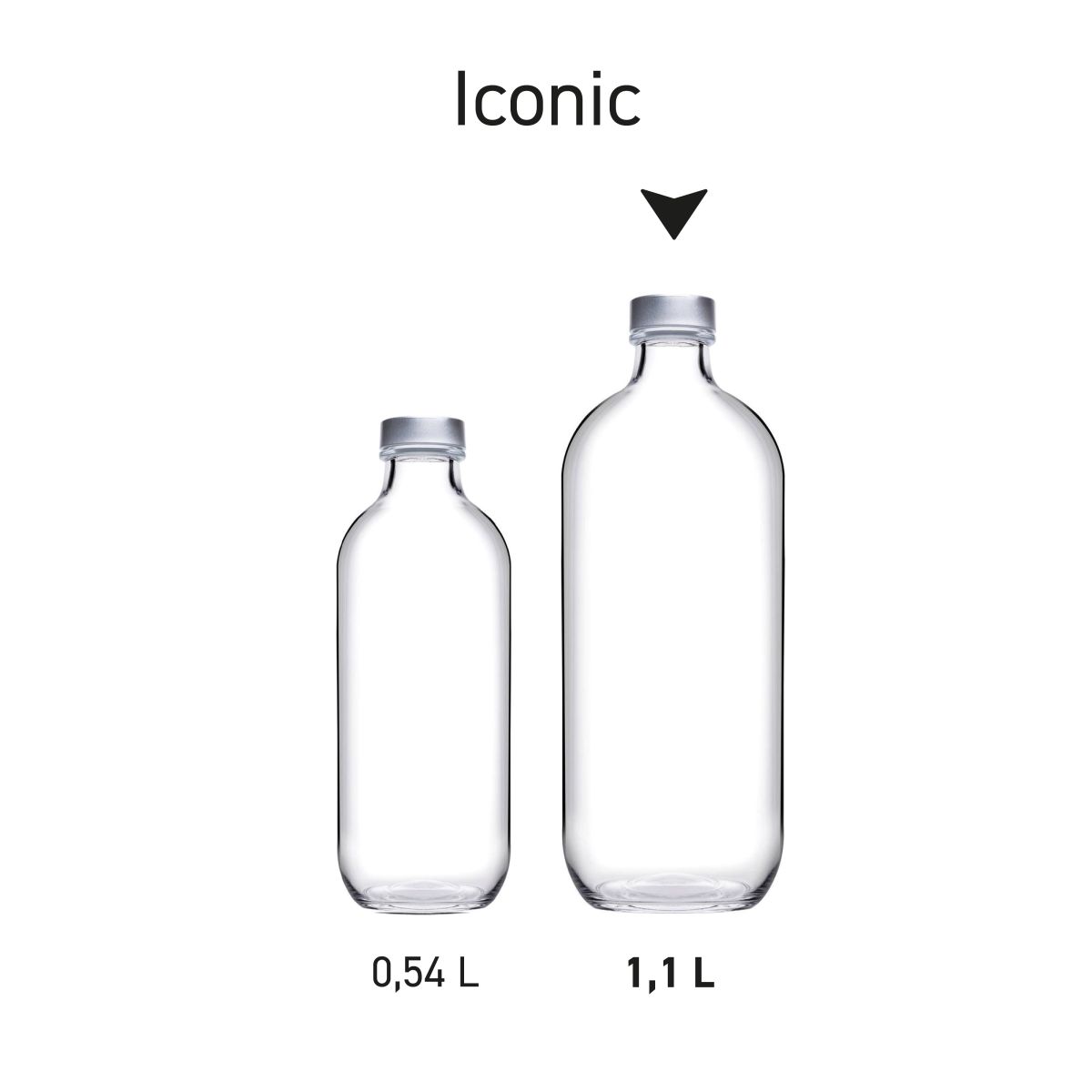 Mehrere durchsichtige Flaschen von Iconic mit silbernem Verschluss, die nebeneinander in Reihenansicht präsentiert werden.