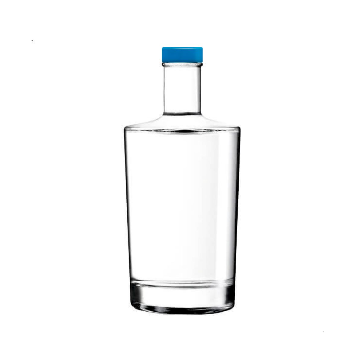 Flasche Neos 0,5 Liter mit blauem Deckel in gerader Vorderansicht, transparent und einfach gestaltet.
