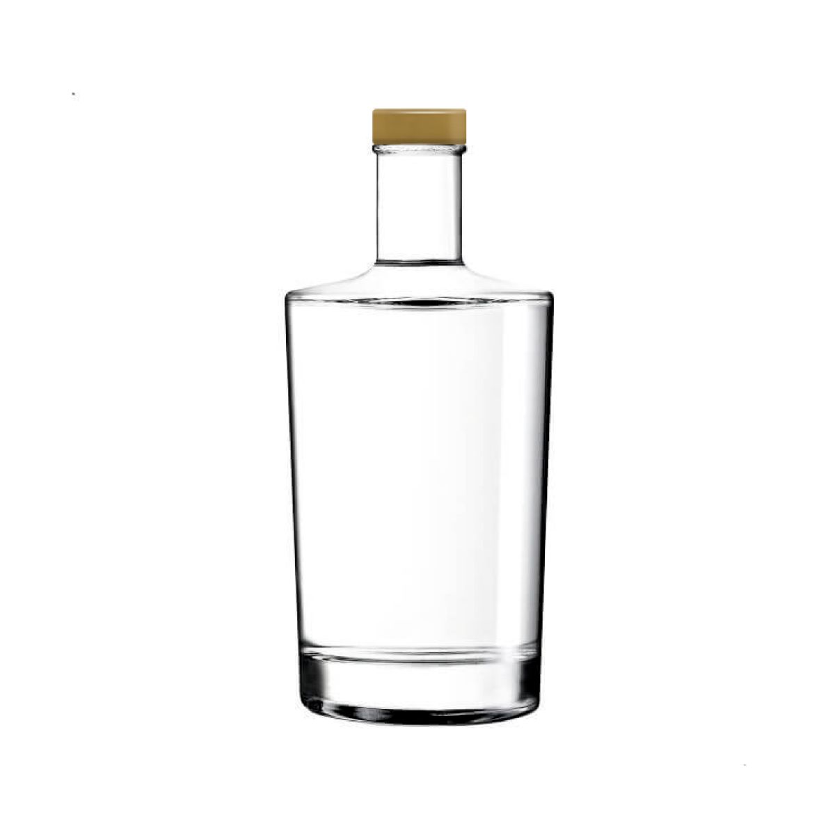 Flasche Neos 0,5 Liter mit Goldkappe in gerader Vorderansicht, transparent und schlicht gestaltet.
