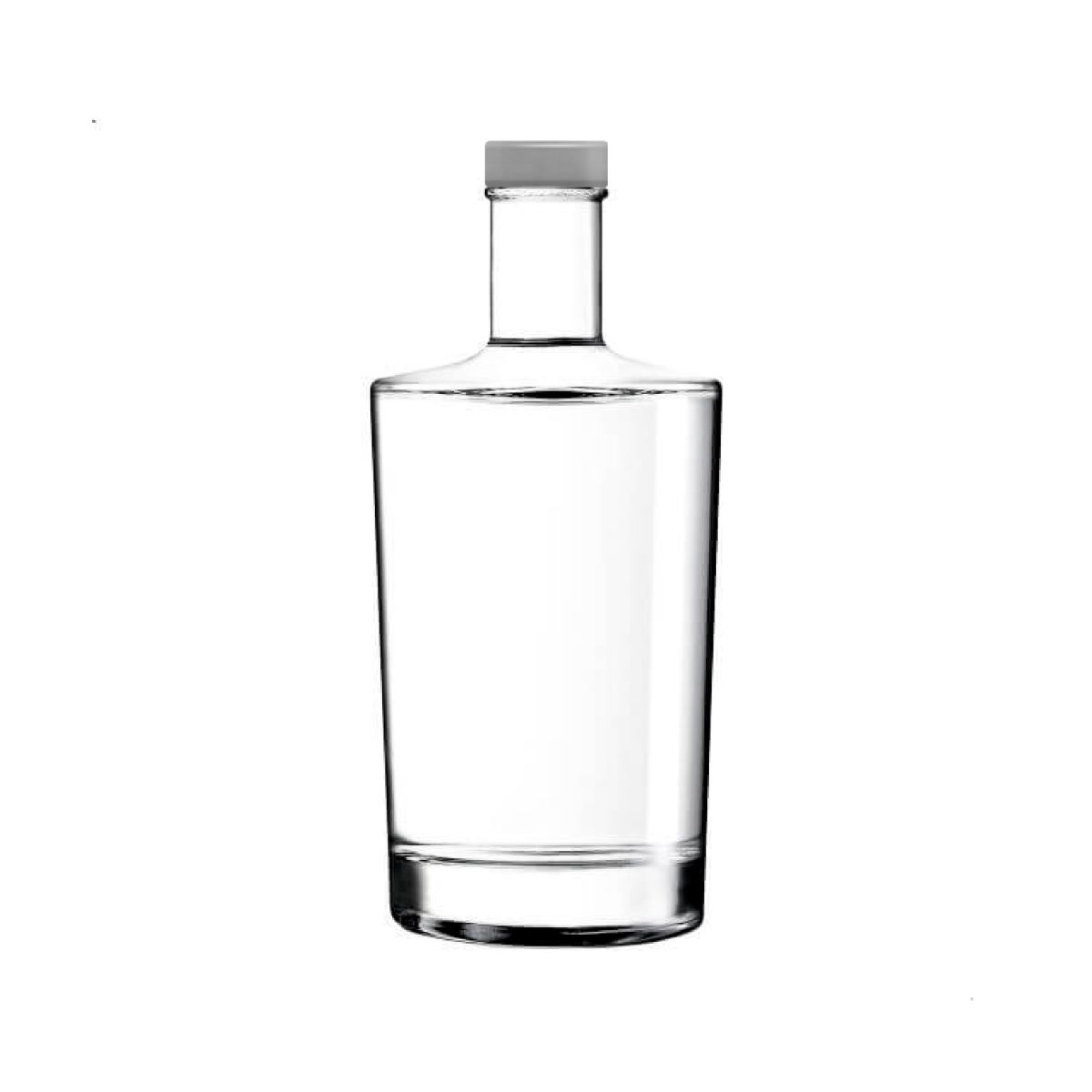 Flasche Neos 0,5 Liter mit silbernem Verschluss in gerader Frontansicht, transparent und schlicht gestaltet.