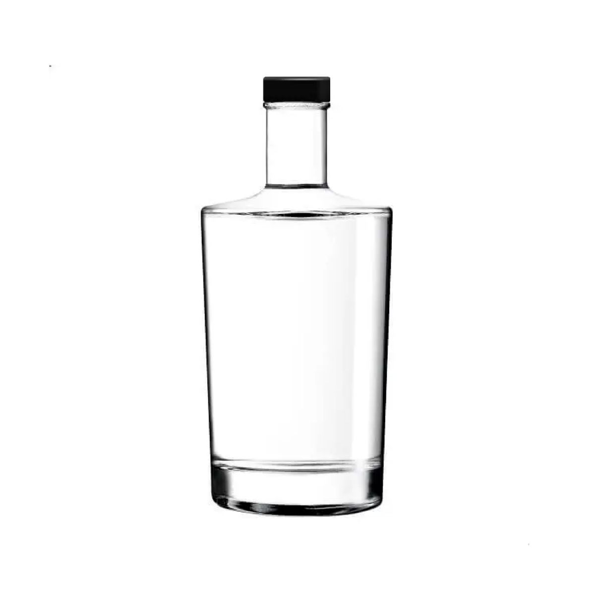 Flasche Neos 0,5 Liter mit schwarzem Deckel in gerader Frontansicht, transparent und einfach gestaltet. Flasche Neos 0,5 Liter mit schwarzem Deckel in gerader Frontansicht, transparent und einfach gestaltet.