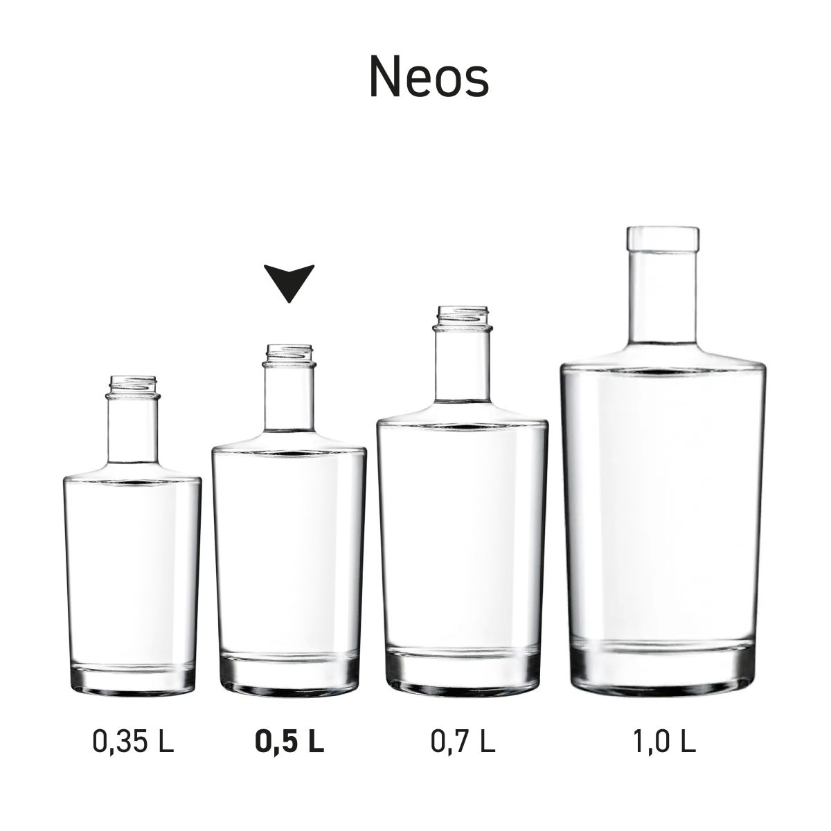 Serie von Flaschen Neos präsentiert in verschiedenen Größen Kapazität.