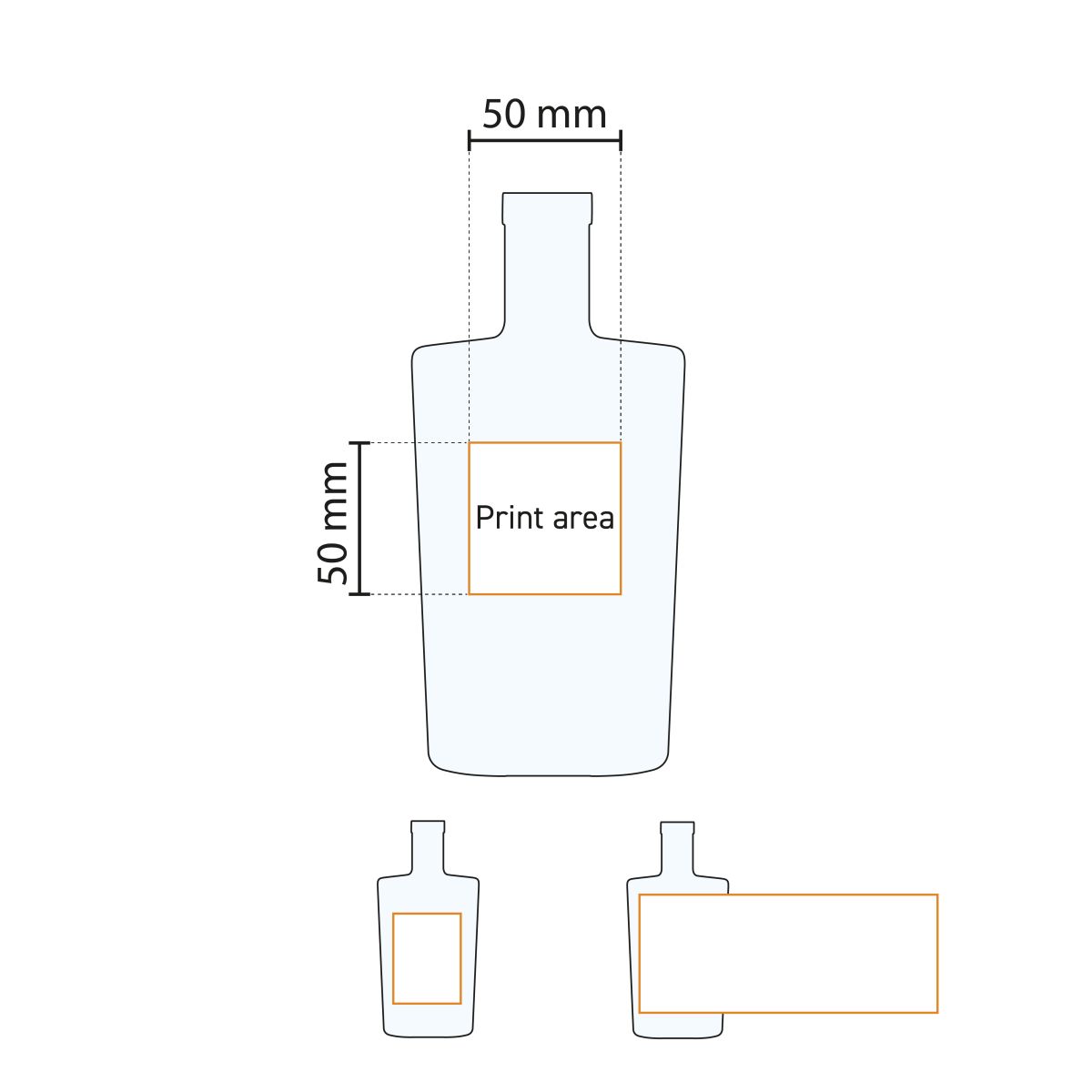 Technische Arbeitszeichnung mit Druckbereich der Bottle Neos 0,5 Liter Glas.