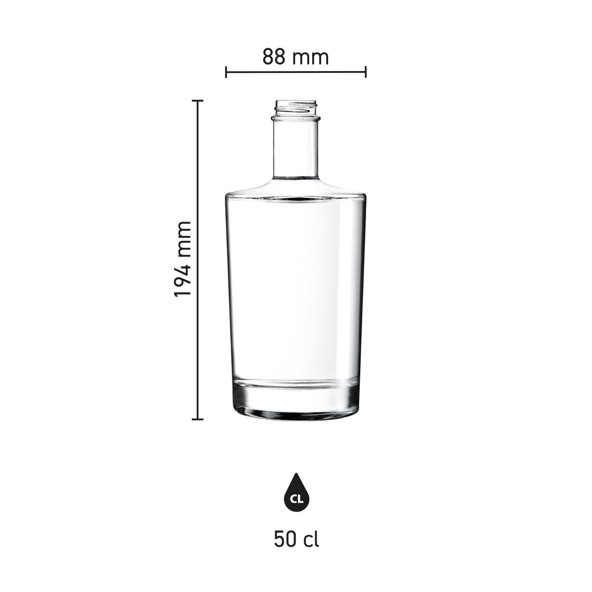 Die Infografik zeigt die Produktabmessungen der Glasflasche Neos 0,5 Liter.