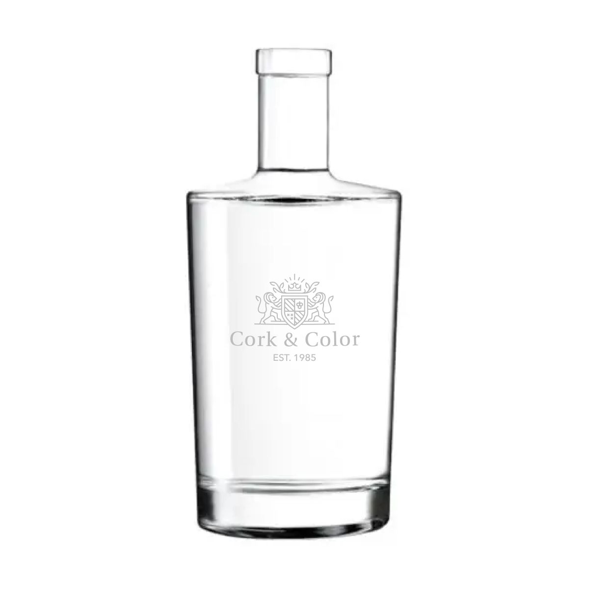 Vorderseite der Flasche Neos 0,7 Liter Kork und dezenter PrintPub-Logo-Gravur in der Glasoberfläche.