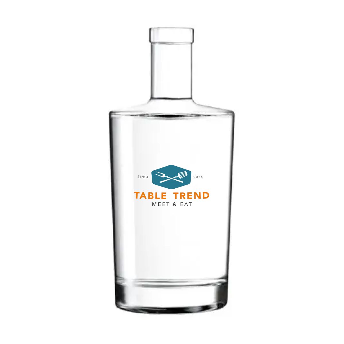 Neos Flasche 0,7 Liter Korken mit mehrfarbigem Logo von TableTrend, zentriert auf der Glasfront.