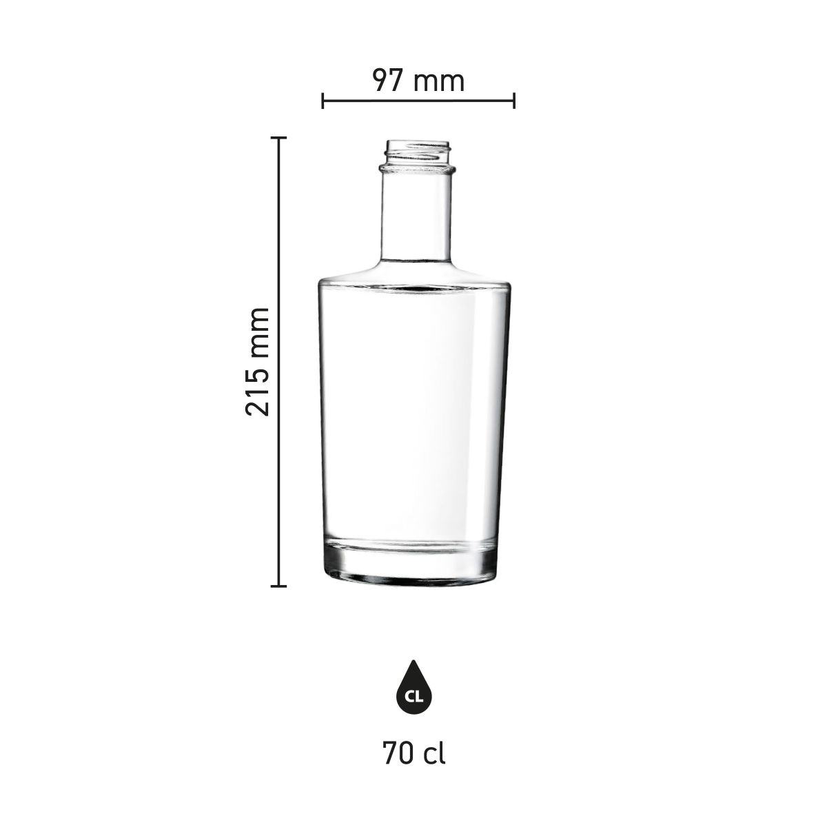 Die Infografik zeigt die detaillierten Produktabmessungen von Neos bottle 0.7 litre corked glass.