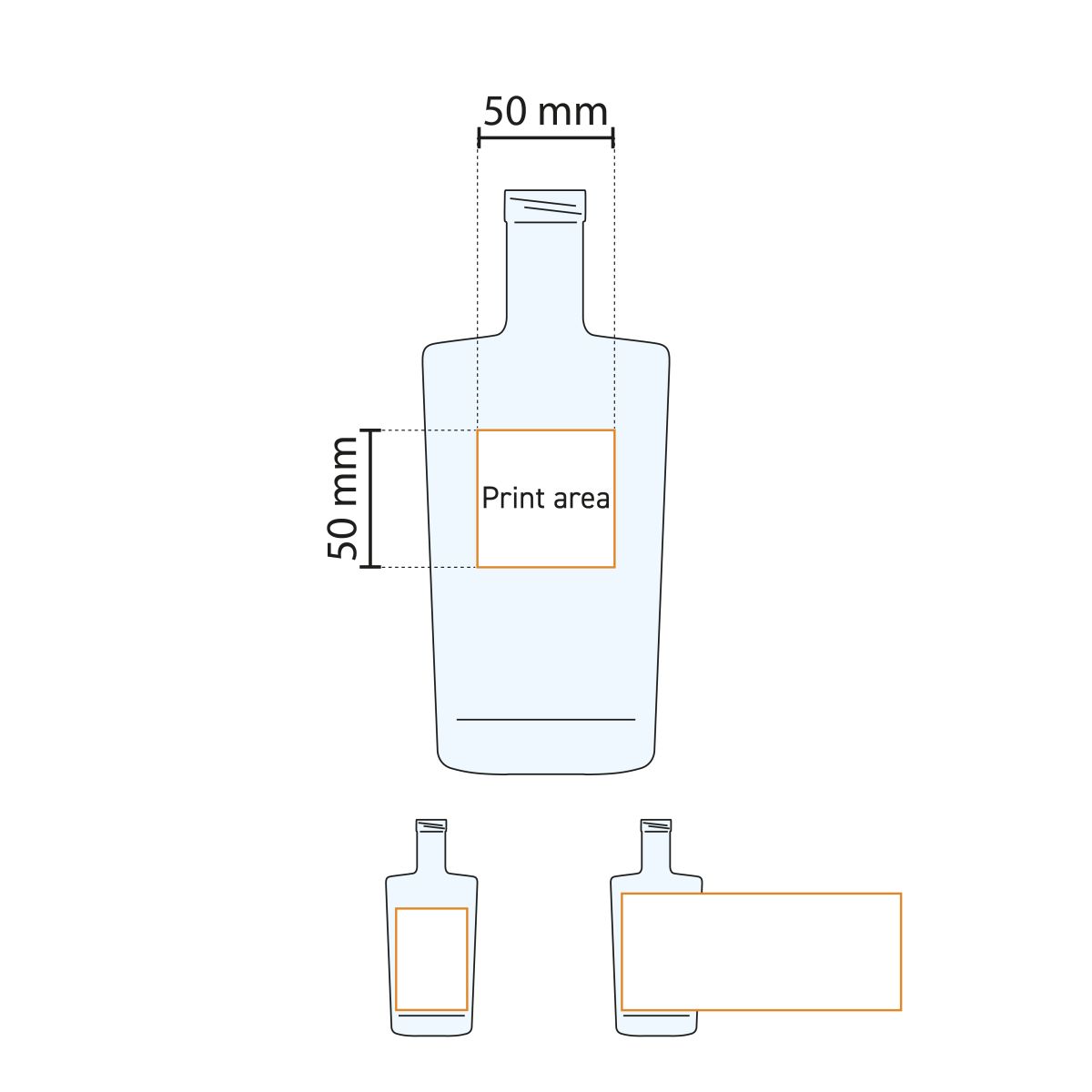 Die technische Arbeitszeichnung zeigt den Druckbereich auf dem Bottle Neos 0,7 Liter Glas.