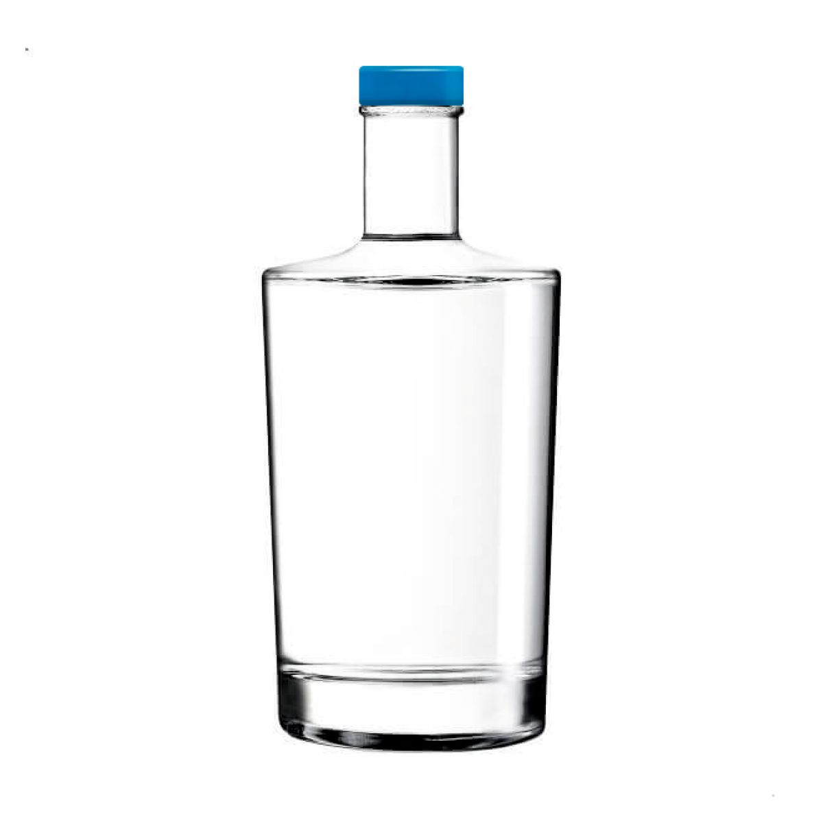 Flasche Neos 0,7 l mit gerader Form und langem Hals, dargestellt in der Vorderansicht mit blauem Verschluss.