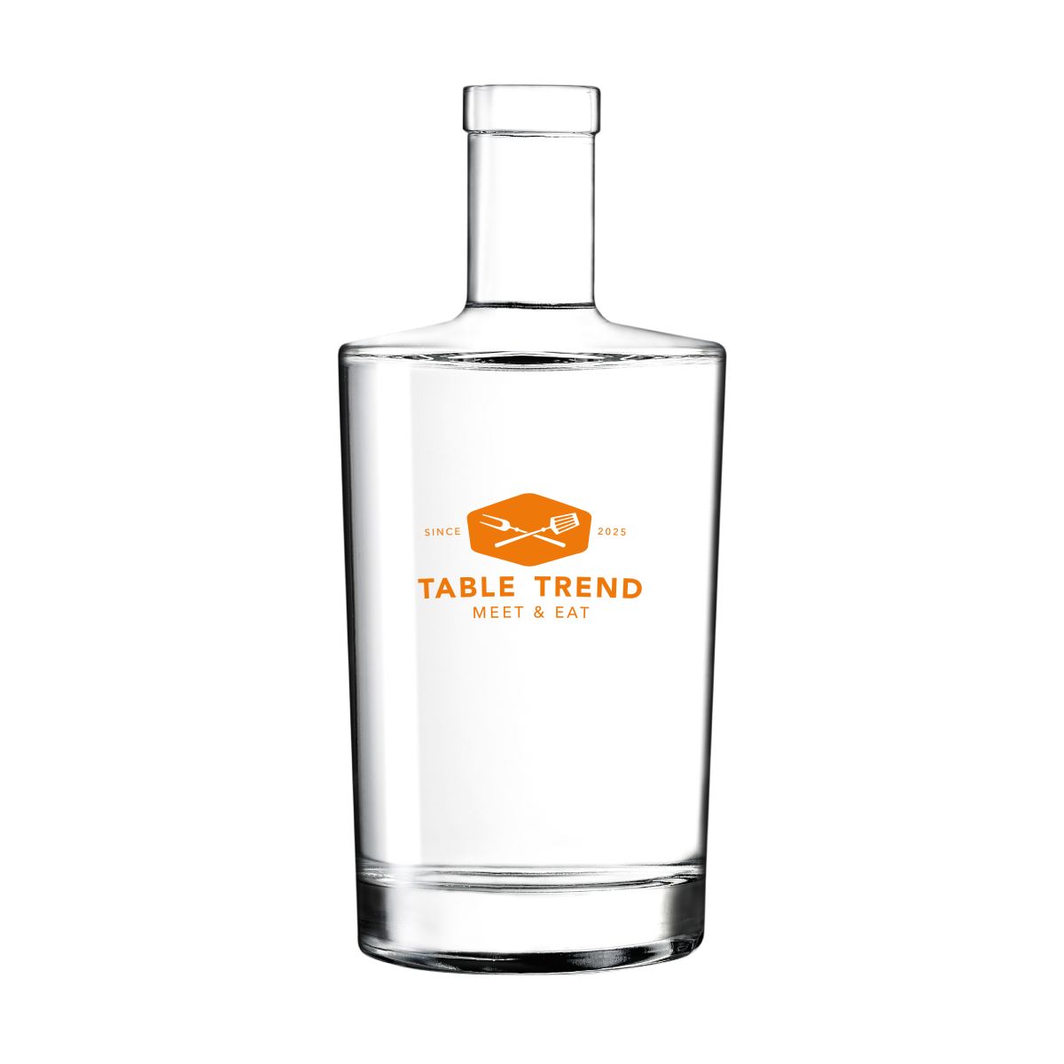 Flasche Neos 0,7 l bedruckt mit einem einfarbigen TableTrend-Logo auf der Vorderansicht.