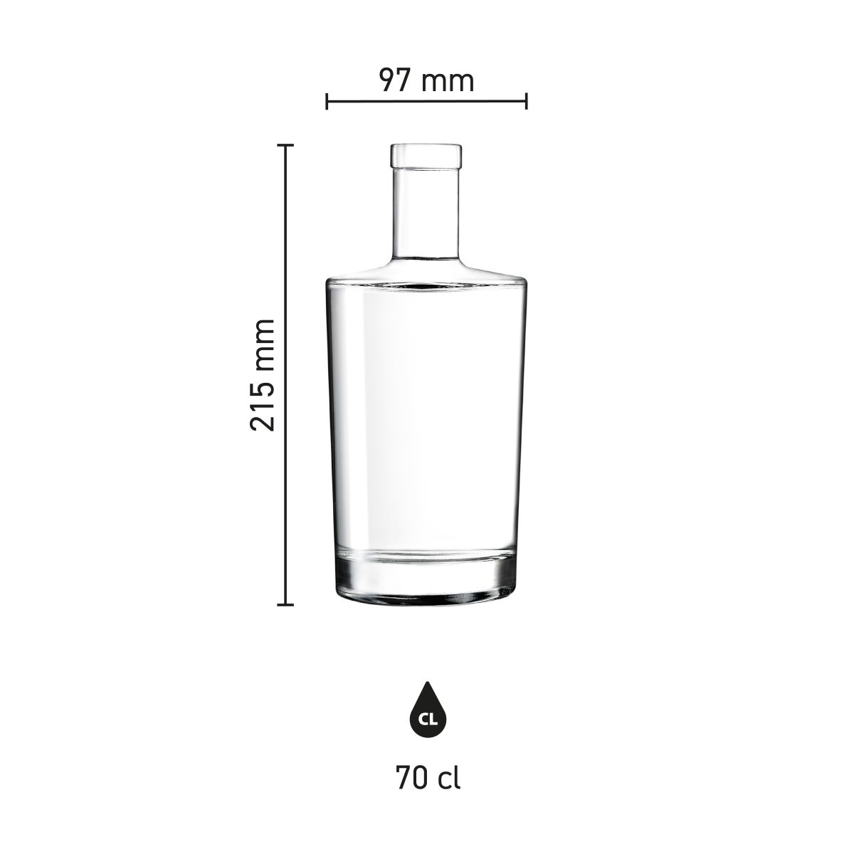 Die Infografik zeigt die Produktabmessungen der Glasflasche Neos 0,7 Liter.