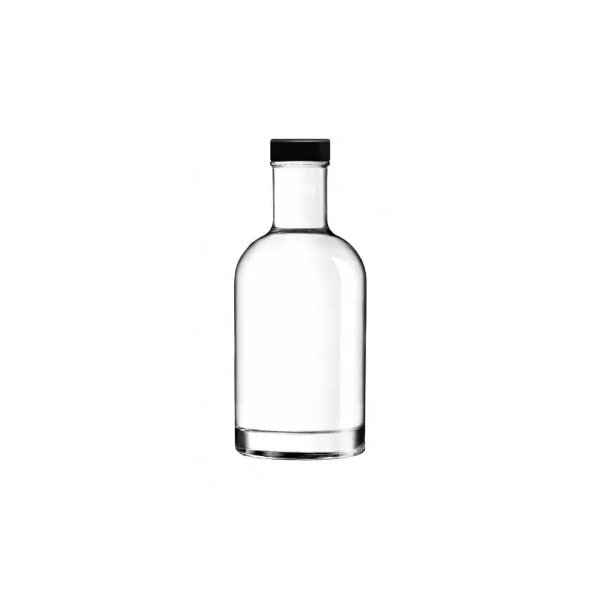 Flasche Oslo 0,2 Liter mit schwarzem Verschluss, von vorne fotografiert, ohne Aufdruck.