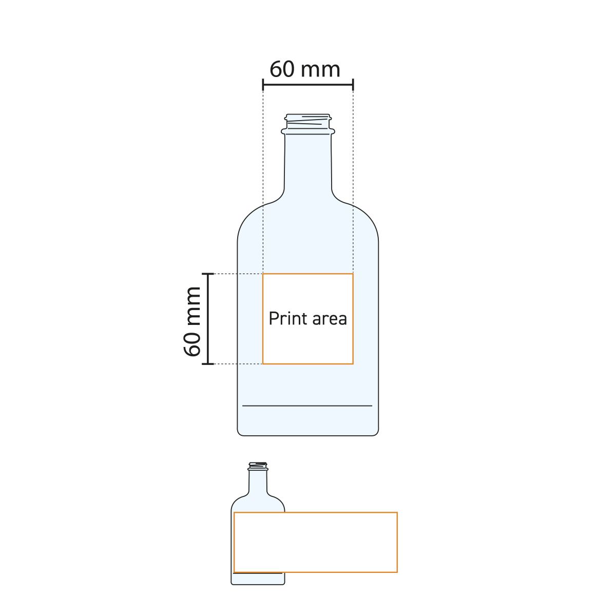 Druckfläche auf der Arbeitszeichnung von Bottle Oslo 0,7 Liter Glas.