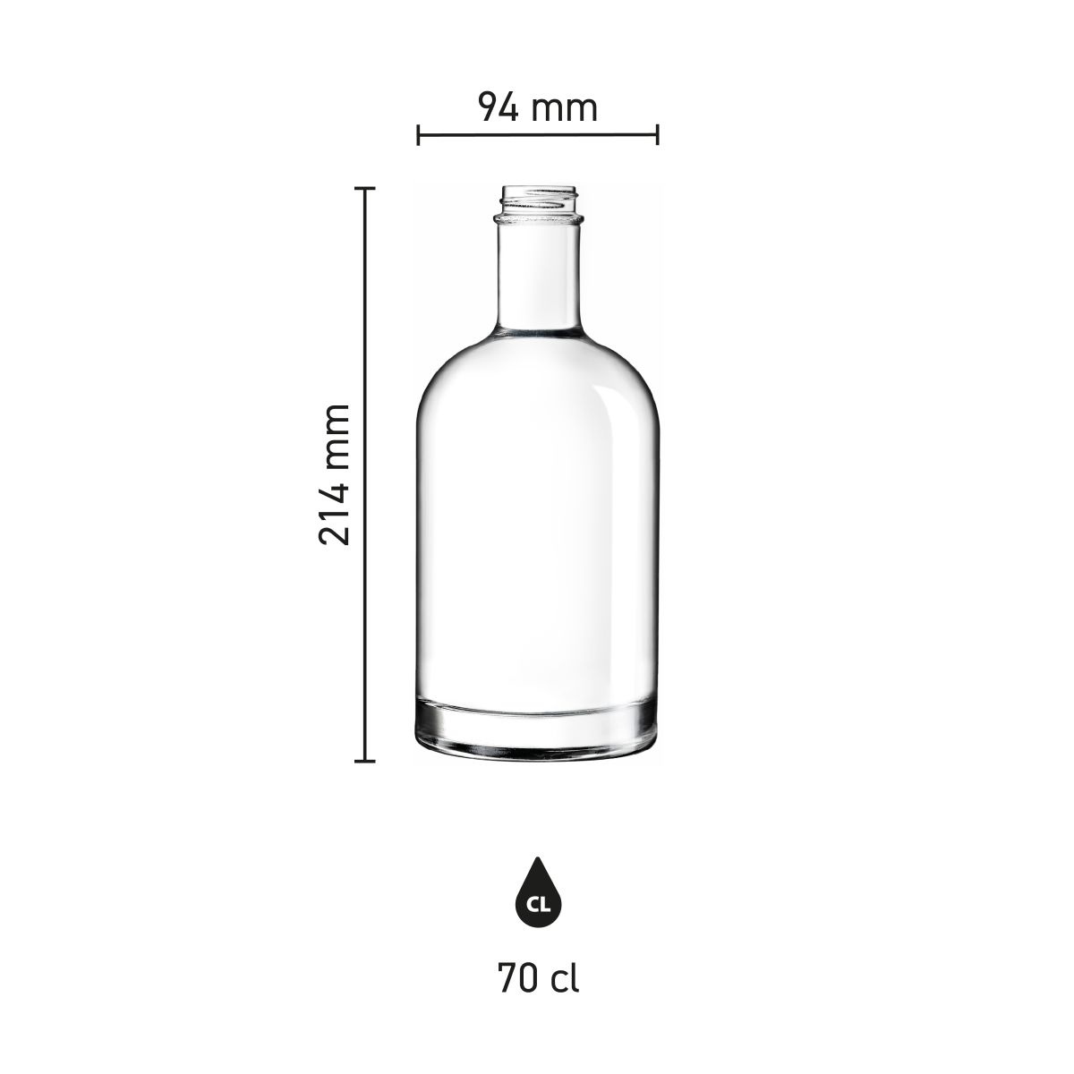 Die Infografik zeigt die Abmessungen des 0,7-Liter-Glases von Bottle Oslo.