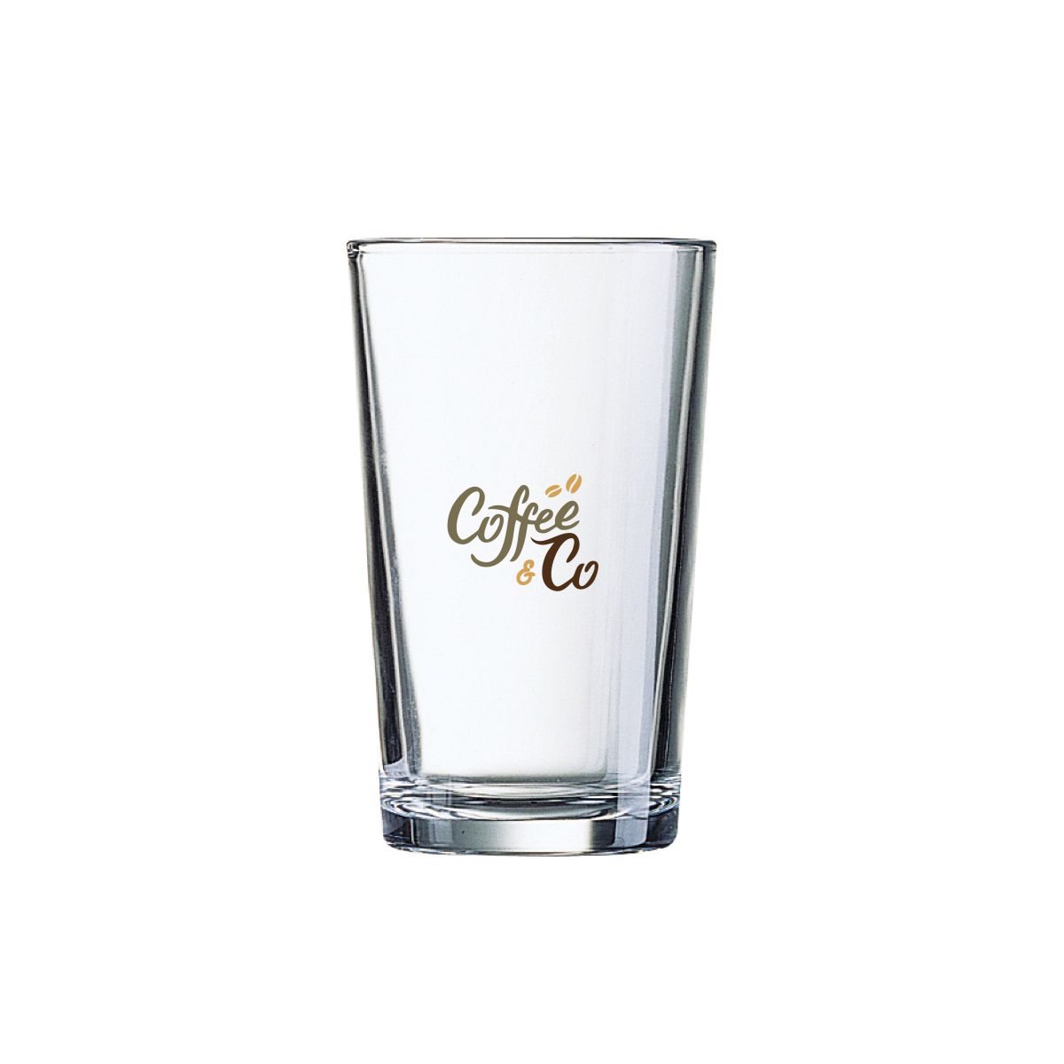 Glas Conique 8 cl. mit aufgedrucktem CoffeeCo-Logo in mehreren Farben auf der Vorderseite.