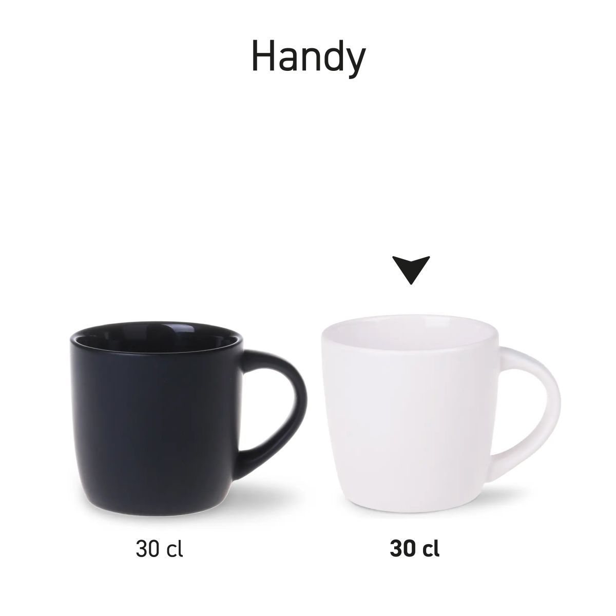 Serie Handy Becher 30 cl. Porzellan in zwei verschiedenen Designs nebeneinander präsentiert.
