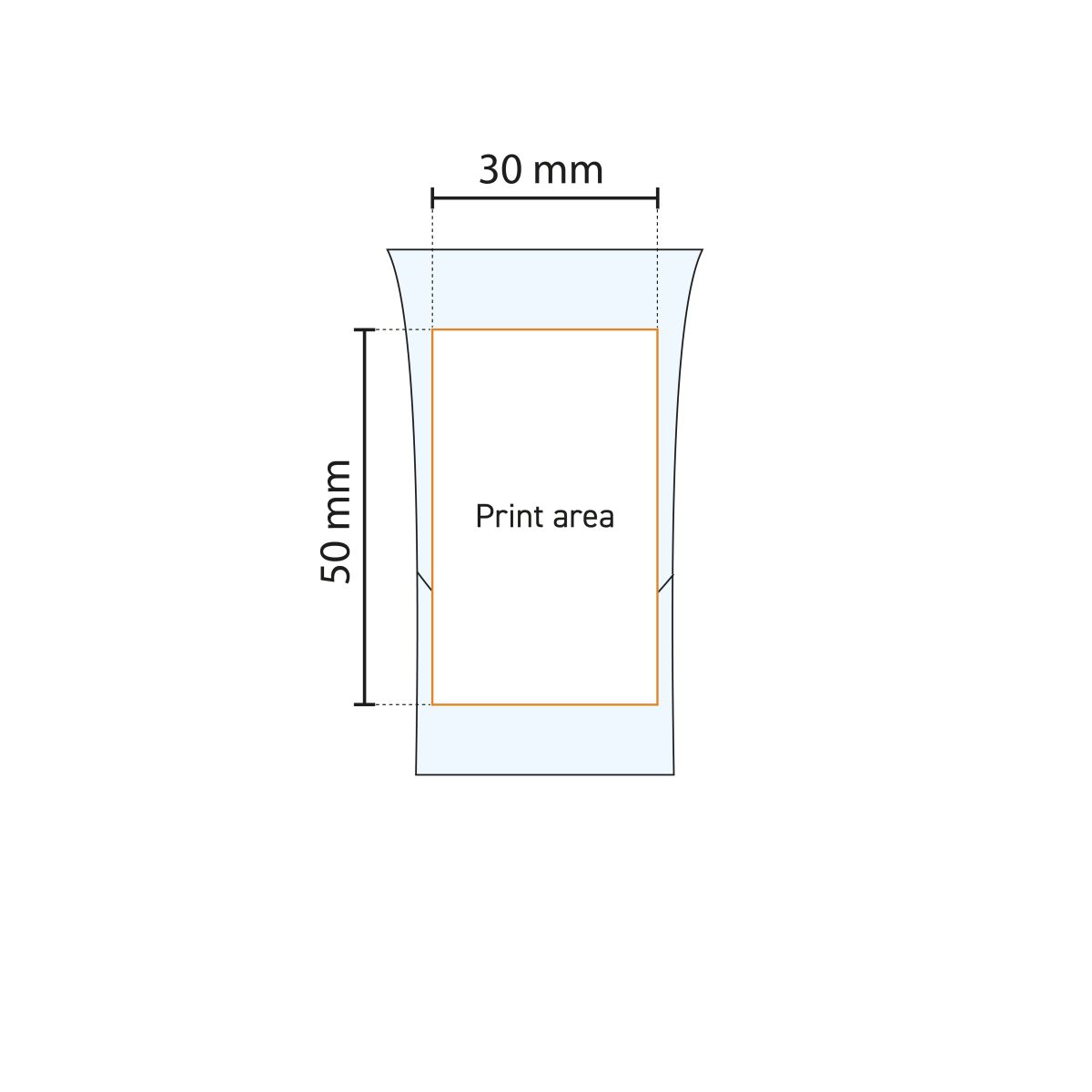 Abbildung des Druckbereichs auf HotShot Glas 3.4 cl. für die Positionierung des Drucks.