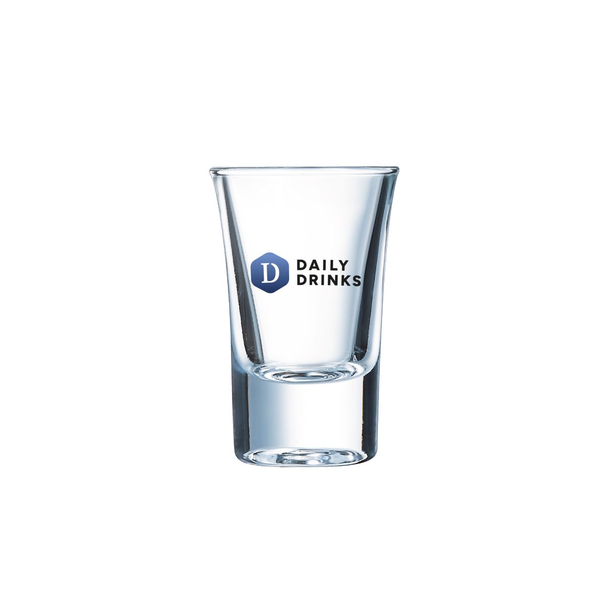 Vorderseite des HotShot Glases 3,4 cl. mit vollfarbig aufgedrucktem DailyDrinks-Logo.