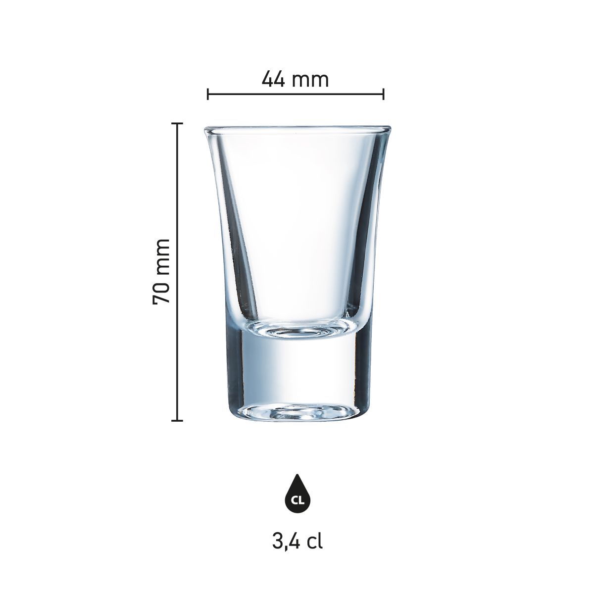 Infografik des HotShot-Glases 3.4 cl. mit Höhe und Durchmesser.