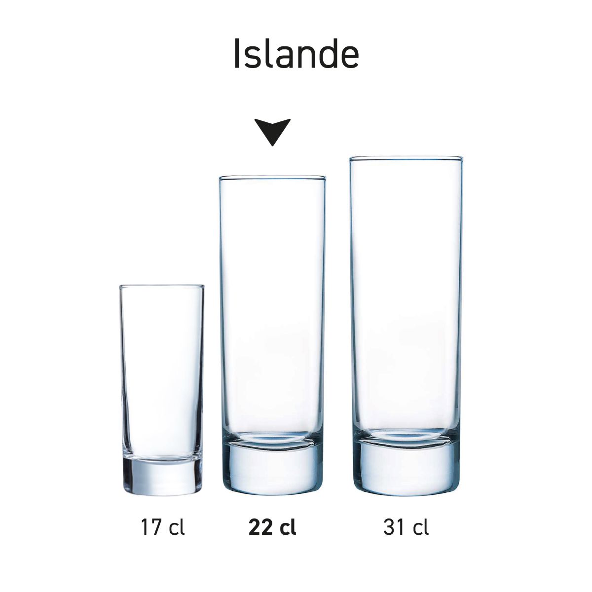 Serie von Islande-Longdrinkgläsern, die als Islande-Serie präsentiert wird.