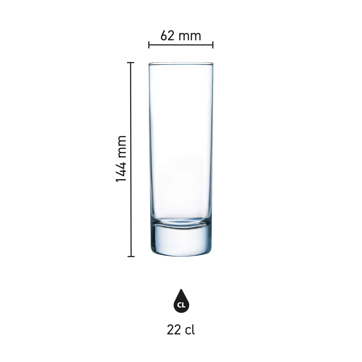 Die Infografik zeigt die Produktabmessungen von Islande Longdrinkglas 22 cl.