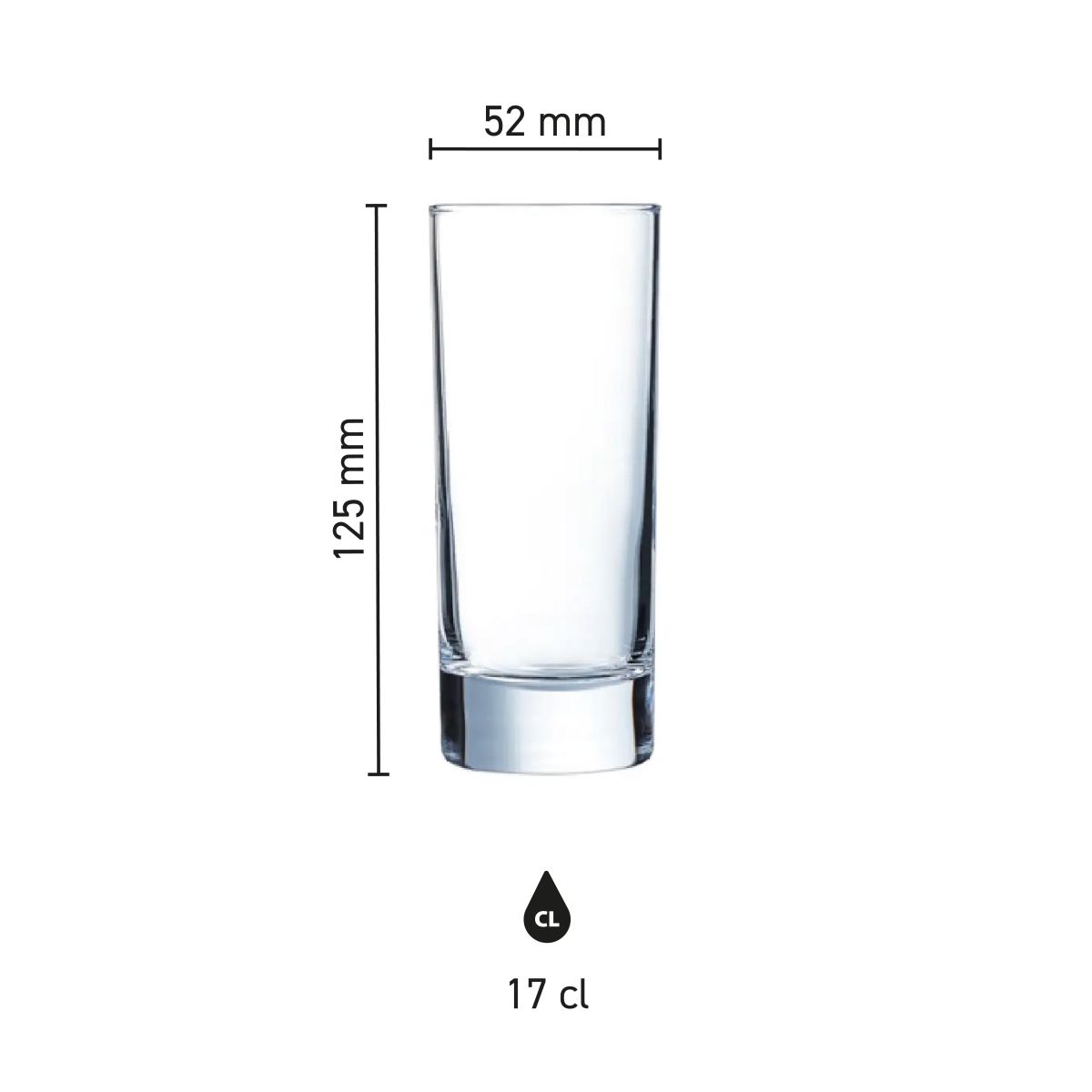 Infografik mit den Abmessungen des Islande Longdrinkglases 17 cl, einschließlich Höhe und Durchmesser.