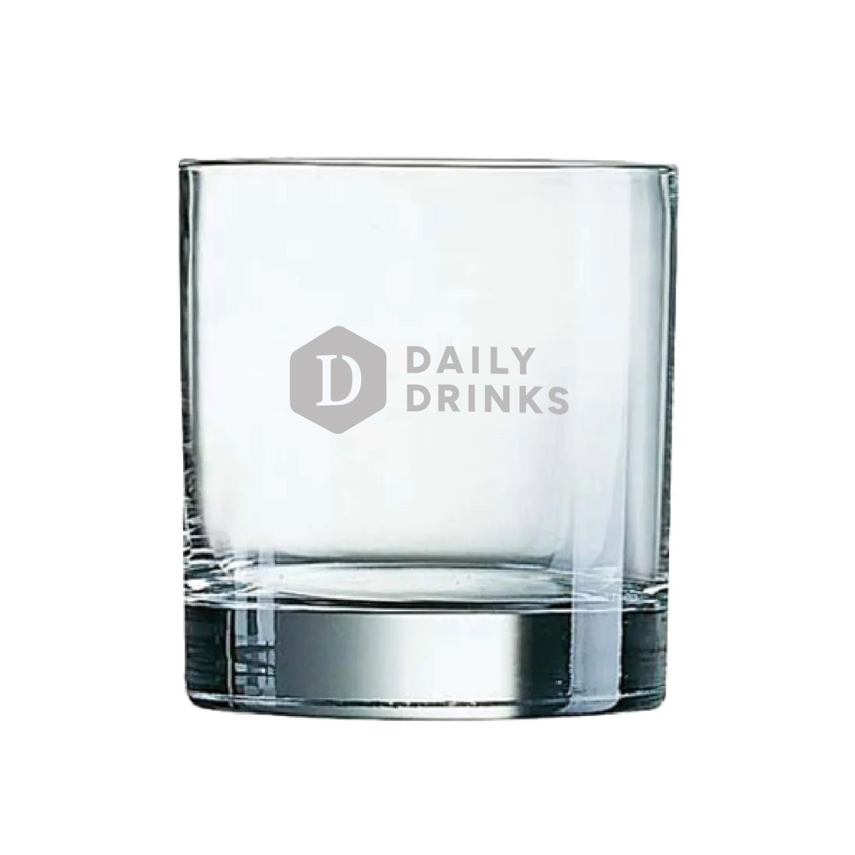 Glas mit eingraviertem DailyDrinks Logo auf Islande Tumbler Glas 38 cl Vorderansicht.