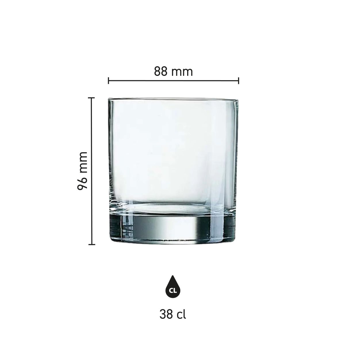 Infografik zeigt Höhe, Durchmesser und Fassungsvermögen von Islande Tumbler Glas 38 cl.