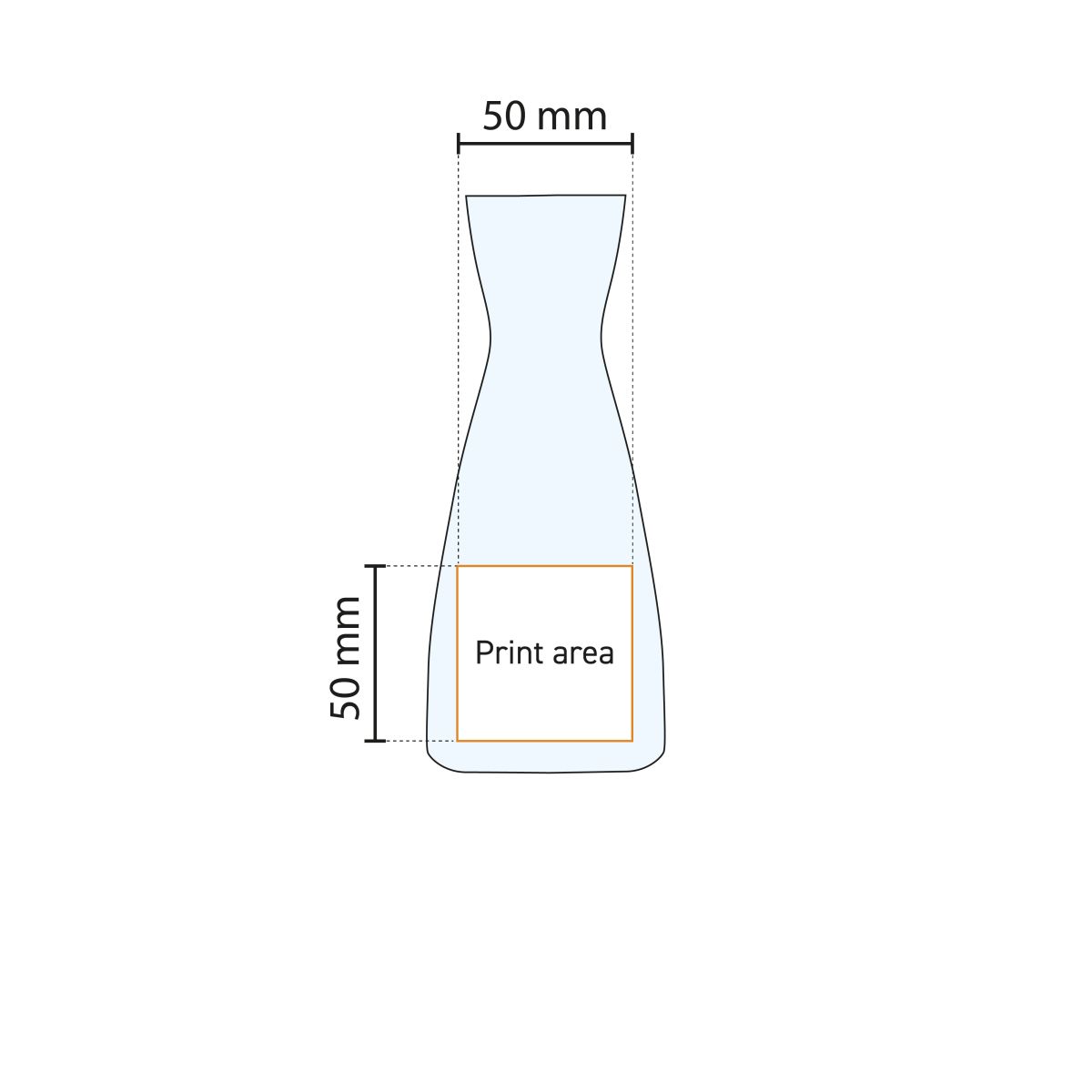 Technische Arbeitszeichnung mit Angabe der Druckfläche der Karaffe Ypsilon 0,25-Liter-Glas.